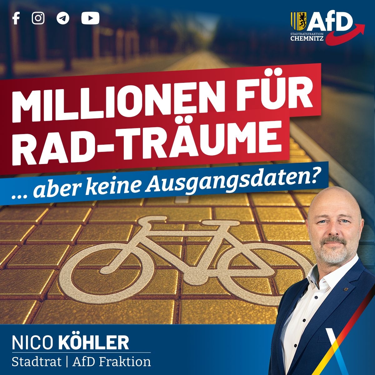 Grafik der AfD-Stadtratsfraktion Chemnitz mit dem Slogan „Millionen für Rad-Träume … aber keine Ausgangsdaten?“, Fahrrad-Piktogramm auf Pflaster, rechts Nico Köhler